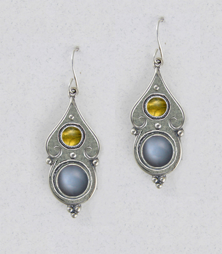 Sterling Silver Gothic Look With Grey Moonstone And Citrine Gemstone Drop Dangle Earrings
